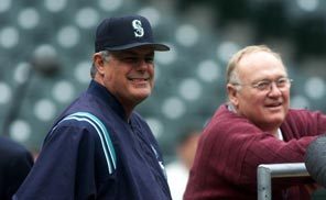 Manager Lou Piniella, left, and scouting director Roger Jongewaard had plenty to smile about during Griffey's first stint as a Mariner. 
