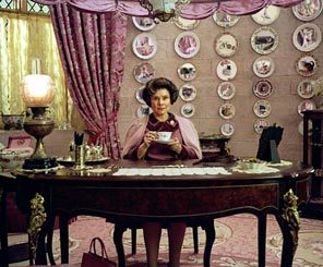 Imelda Staunton as Dolores Umbridge in "Harry Potter and the Order of the Phoenix." Forty kittens were filmed for the decorative plates in Umbridge's office. 