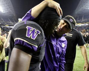 Washington coach Steve Sarkisian celebrates with Desmond Trufant after beating the Cardinal, a victory secured by a late interception by Trufant.