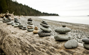 A series of small stone cairns is lined up on driftwood at West Point.