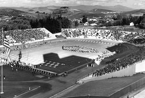 How things have changed. This is a 1952 view of Rogers Field on the campus of Washington State. The grandstands burned down in 1970 and the field was replaced with Martin Stadium.