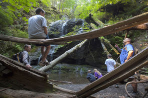 A gentle forest trail leads to Cascade Falls in Moran State Park. Grayson Read-Friedmann, 13, sits on a log; at far right is his dad, Bjorn Read-Friedmann plus other family and friends from Tsawwassen, B.C.