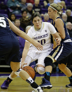  Washington guard Kelsey Plum, left,  is fouled by Montana State’s Lindsay Stockton   during the first half.