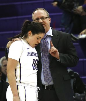 Freshman guard Kelsey Plum, getting a pointer from UW coach Mike Neighbors, played 39 minutes in the Huskies’ 81-71 win, hitting 18 of 19 free throws.