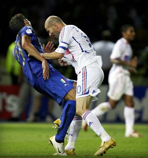 Some people just don’t like you bad-mouthing  their sister, as France's Zinedine Zidane, right, clearly indicates to  Italy's Marco Materazzi.