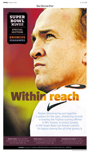 The cover of The Denver Post’s Super Bowl preview section features quarterback Peyton Manning.
