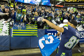 Seahawks receiver  Golden Tate celebrates with fans at  CenturyLink Field after the victory over the 49ers in  the NFC Championship Game.<br/>