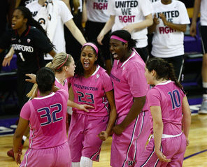From left, Jazmine Davis, Mercedes Wetmore, Aminah Williams, Chantel Osahor and Kelsey Plum were fired up about a 10-point lead in the second half. But the Cardinal rallied in the last minute, forcing the Huskies to hang on for their biggest win since beating second-ranked Stanford in 1990. 