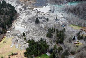 This photo made available by the state Department of Transportation shows a view of the damage from Saturday's mudslide near Oso, Snohomish County. At least 14 people were killed in the 1-square-mile slide that struck Saturday. Officials said they have received 176 reports of people missing.