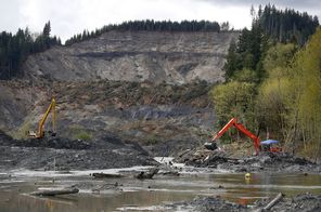  Two amphibious excavators from BCI Contracting hired by Snohomish County work  on Wednesday to clear and widen what is now the North Fork Stillaguamish River channel, seen at center, near the slide.